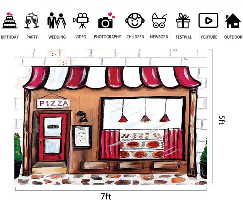 Lofaris Pizza Shop خلفية للتصوير الفوتوغرافي بيتزا موضوع صورة الحيوانات الأليفة حديثي الولادة دش الطفل سعيد عيد ميلاد كعكة الديكور لافتة حفلة عيد ميلاد الصورة الخلفية 5x3ft in Kuwait