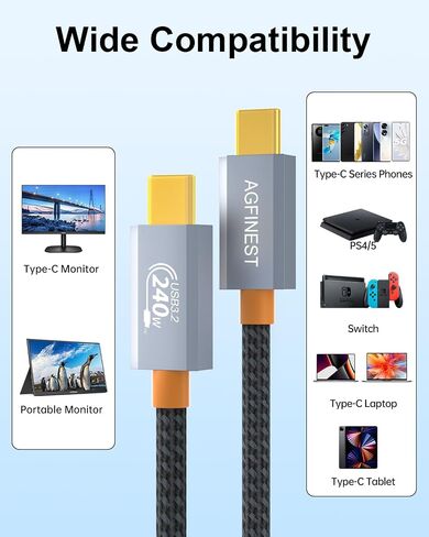240W USB C إلى USB C Cable ، USB 3.2 Gen2 × 2 Type C Charging Cable ، 20 GBPS TRANCHNOW ، PD 3.1 48V Cable Fast Charge ، 4K@60Hz VIDEO TRANSMISSION COMPOR ، iPhone ، Monitor (3.3 ft) in Kuwait