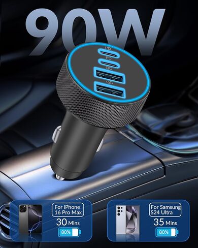 [4 in 1] USB C Car Charger, 4-Port 90W Super Fast Charging Cigarette Lighter Adapter, Dual 45W USBC & USB-A Multiport Car Phone Charger Accessories for iPhone 16e 16 15 14 13 12, iPad, Samsung Tablet in Kuwait