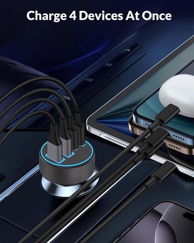 [4 in 1] USB C Car Charger, 4-Port 90W Super Fast Charging Cigarette Lighter Adapter, Dual 45W USBC & USB-A Multiport Car Phone Charger Accessories for iPhone 16e 16 15 14 13 12, iPad, Samsung Tablet in Kuwait