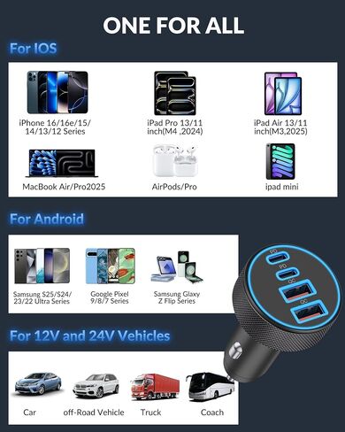 [4 in 1] USB C Car Charger, 4-Port 90W Super Fast Charging Cigarette Lighter Adapter, Dual 45W USBC & USB-A Multiport Car Phone Charger Accessories for iPhone 16e 16 15 14 13 12, iPad, Samsung Tablet in Kuwait