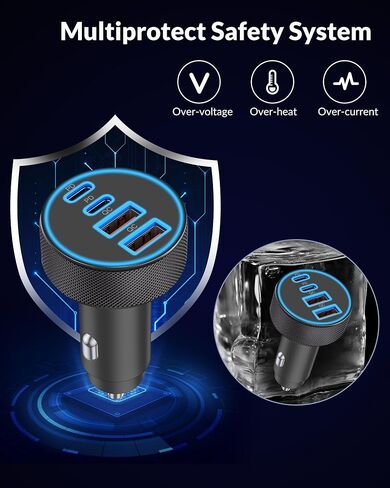 [4 in 1] USB C Car Charger, 4-Port 90W Super Fast Charging Cigarette Lighter Adapter, Dual 45W USBC & USB-A Multiport Car Phone Charger Accessories for iPhone 16e 16 15 14 13 12, iPad, Samsung Tablet in Kuwait