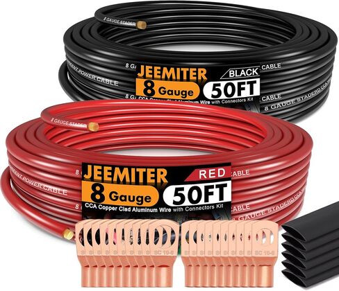 Jeemiter 8 Gauge Wire (50ft Each- Black/Red) Copper Clad Aluminum - Primary Automotive Wire Power/Ground, Battery Cable with Lugs Terminal Connectors and Heat Shrink Tube Electrical 8ga AWG 100 Feet in Kuwait