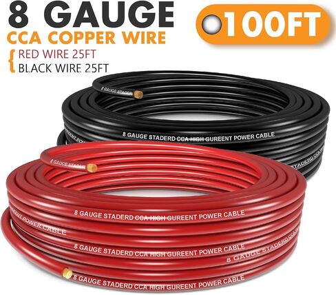 Jeemiter 8 Gauge Wire (50ft Each- Black/Red) Copper Clad Aluminum - Primary Automotive Wire Power/Ground, Battery Cable with Lugs Terminal Connectors and Heat Shrink Tube Electrical 8ga AWG 100 Feet in Kuwait