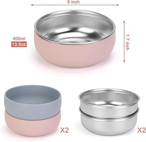 ShineMe Stainless Steel Bowls for Kids, 4 pack Toddler Bowls with Removable Colorful Silicone Sleeve, Unbreakable Baby Bowls for Soup, Cereal, Yogurt, Snacks... in Saudi Arabia