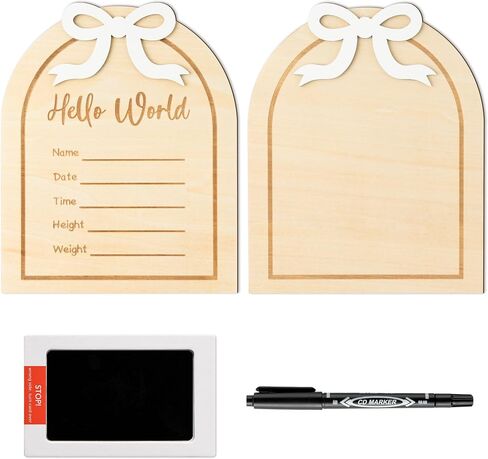 R HORSE Baby Birth Announcement Sign - Wooden Baby Birth Sign with Marker Pen for Baby Hand and Footprints, Double-sided Pink Bow Newborn Name Announcement Sign with Ink Pad for Unisex Baby Shower in Kuwait