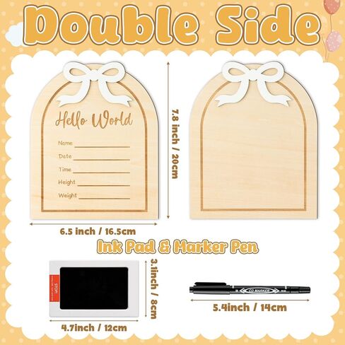 R HORSE Baby Birth Announcement Sign - Wooden Baby Birth Sign with Marker Pen for Baby Hand and Footprints, Double-sided Pink Bow Newborn Name Announcement Sign with Ink Pad for Unisex Baby Shower in Kuwait