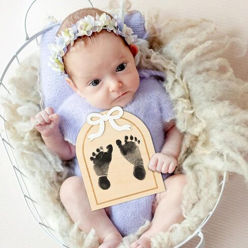 R HORSE Baby Birth Announcement Sign - Wooden Baby Birth Sign with Marker Pen for Baby Hand and Footprints, Double-sided Pink Bow Newborn Name Announcement Sign with Ink Pad for Unisex Baby Shower in Kuwait