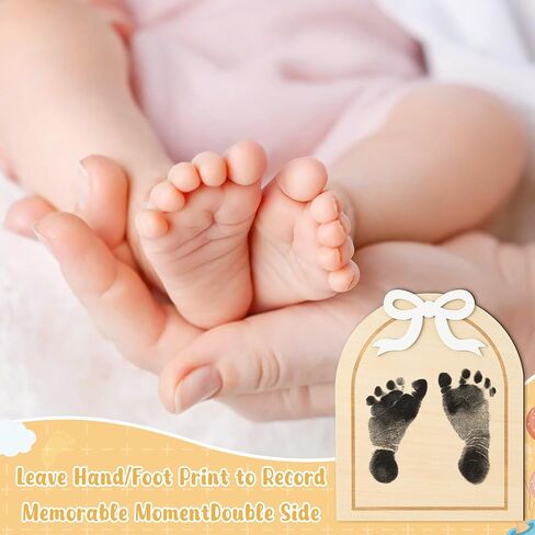 R HORSE Baby Birth Announcement Sign - Wooden Baby Birth Sign with Marker Pen for Baby Hand and Footprints, Double-sided Pink Bow Newborn Name Announcement Sign with Ink Pad for Unisex Baby Shower in Kuwait