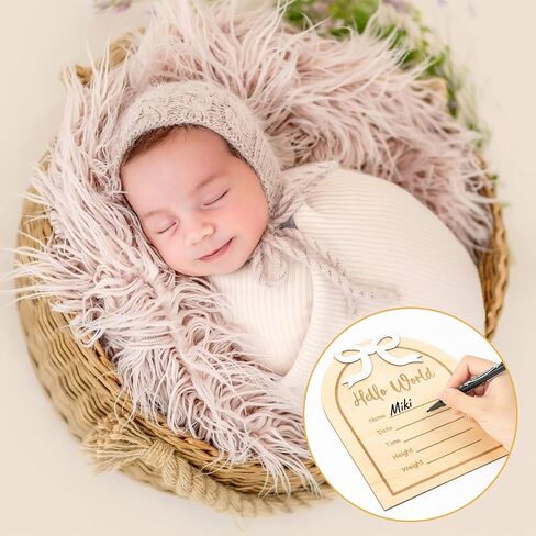 R HORSE Baby Birth Announcement Sign - Wooden Baby Birth Sign with Marker Pen for Baby Hand and Footprints, Double-sided Pink Bow Newborn Name Announcement Sign with Ink Pad for Unisex Baby Shower in Kuwait