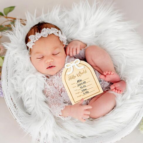 R HORSE Baby Birth Announcement Sign - Wooden Baby Birth Sign with Marker Pen for Baby Hand and Footprints, Double-sided Pink Bow Newborn Name Announcement Sign with Ink Pad for Unisex Baby Shower in Kuwait