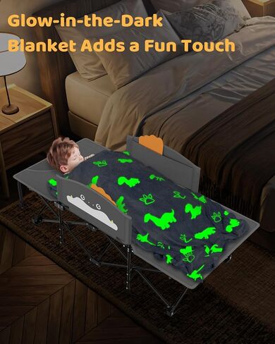 Zenpetio Kids Camping Cot ، سرير طفل قابل للطي مع قضبان السلامة وبطانية متوهجة في الظلام ، تصميم محمول قوي للسفر ، سرير نوم داخلي في الهواء الطلق للأطفال الصغار in Kuwait