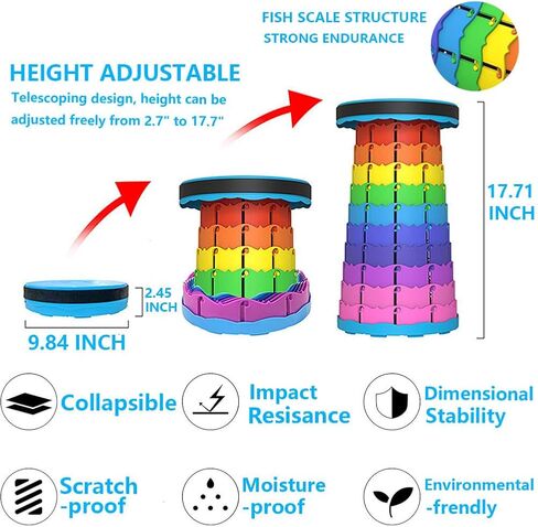 WESAPPINC Upgraded Collapsible Stool, Lightweight & Sturdy,Max 400lbs Portable Retractable Telescoping Stool Foldable Camping Stool for Adults Outdoor Hiking Garden BBQ Fishing (Rainbow) in Saudi Arabia