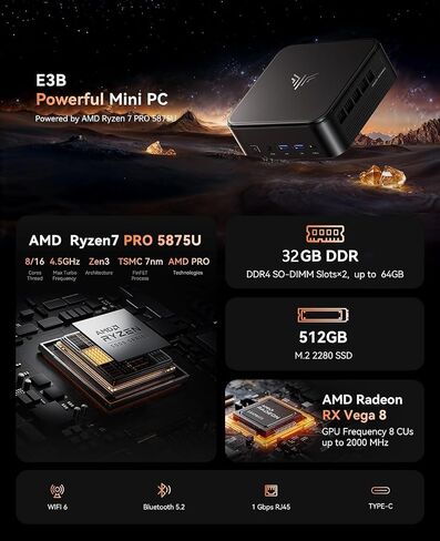 KAMRUI E3B Mini PC Ryzen, AMD Ryzen 7 5875U Mini Gaming PC(Beat 5825U/5800U, 8C/16T, Up to 4.5GHz), 32GB DDR 512GB SSD Mini PC Gaming, Dual LAN Support 4K@60Hz Triple Display WiFi6/BT5.2/DP1.4/USB3.2 in Saudi Arabia