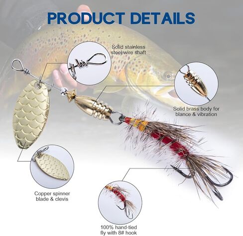 Goture Trout Lures Fishing Spinners,Rooster Bait Tail Bass Fishing Lures with Brass Spinner Blade Fish-Shaped Jig Heads for Freshwater Saltwater,Salmon Steelhead Trout Spinner Bait with Tackle Box in Saudi Arabia