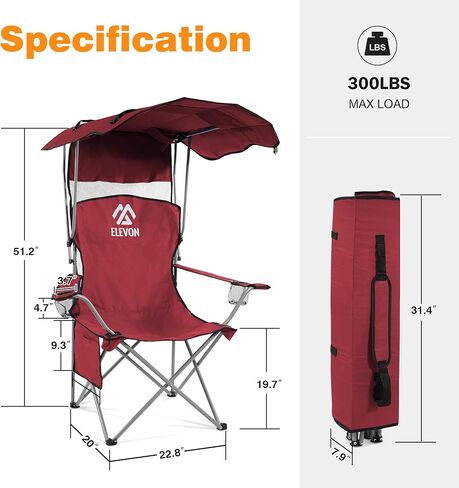 Camping Chair, Oversized Folding Chair with Canopy, Portable Outdoor Chair with Arms, Cup Holder and Carry Bag for Camping, Fishing, Beach, and Sports, Burgundy in Saudi Arabia