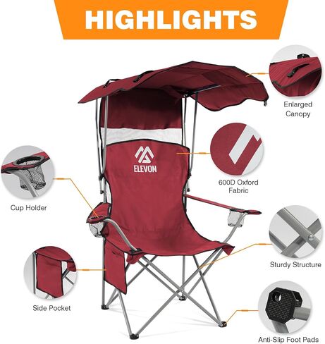 Camping Chair, Oversized Folding Chair with Canopy, Portable Outdoor Chair with Arms, Cup Holder and Carry Bag for Camping, Fishing, Beach, and Sports, Burgundy in Saudi Arabia