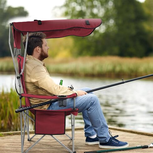 Camping Chair, Oversized Folding Chair with Canopy, Portable Outdoor Chair with Arms, Cup Holder and Carry Bag for Camping, Fishing, Beach, and Sports, Burgundy in Saudi Arabia