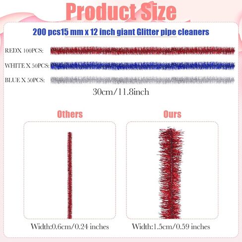 200 pcs منظفات أنابيب كبيرة بريق 15 مم × 12 بوصة منظفات الأنابيب المعدنية اللامعة بالجملة لسانت باتريكس يوم استقلال عيد الميلاد المصنوع يدويًا DIY الحرف اليدوية (الوردي) in Kuwait
