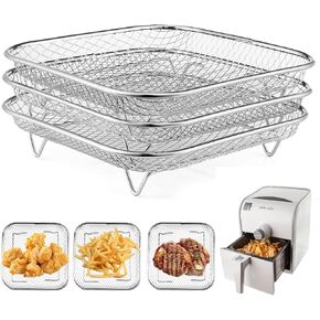 8 inch Square Air Fryer Rack, Set of 3, Stackable Multi-Layer Stainless Steel Dehydrator Rack, Square Airfryer Accessories for Cosori, Instant Vortex, Nuwave Air Fryer, Ninja Foodi Grill