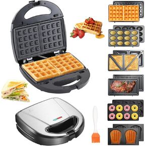 6 في 1 مجموعة حديدية وافل ، صانع شواء Panini Press وصانع شطيرة كهربائية مع لوحة غير مصقفة قابلة للإزالة ، مثالية لطهي الجبن المشوي ، ذوبان التونة ، البرغر