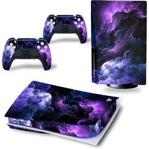 Skin Sticker for PS5 Disc Console and Wireless Controller, Protective Vinyl Decal Purple Clouds Cover Wrap Game Accessories