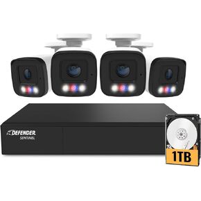 Defender AI Powered Sentinel 4K Wired PoE Security Camera System with 1TB 8Ch NVR, 4 Outdoor Surveillance Metal 8MP/4K Cameras, Smart AI Human Detection, Blue-Red Flashing Deterrence, Mobile App