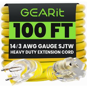 GEARit Outdoor 12 AWG Gauge 3 Prong Plug, Extension Cord, Ultra Heavy Duty SJEOW, 12/3, for Indoor/Outdoor, LED Lighted Plug, Resistant Rubber Jacket, Extreme Weather, 100 Feet, Yellow