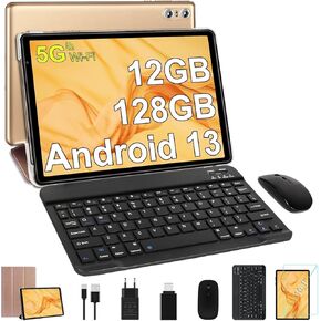 SEBBE Tablet 10 Inch, 2025 Android 13, 12GB RAM + 128GB ROM TF 1TB, Octa-Core 2.0 GHz, Bluetooth 5.0 | 5G WiFi | 6000mAh | 1280 * 800 | 5MP+8MP, with Keyboard and Mouse Gold
