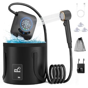 GOSCHE Protable Camping Shower, 8000mAh Rechargeable Outdoor Shower Pump with 20L Collapsible Bucket, Intelligent LED Display, IPX8 Waterproof Pump for RV, Travel, Hiking, Pet Bath, Beach