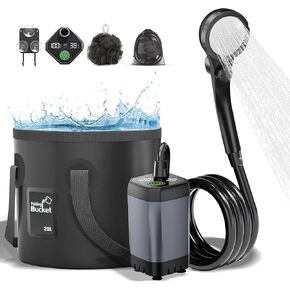 Portable Shower for Camping, 7800mAh Rechargeable Camping Shower Pump with 3 Spray Modes & 5-Gallon Collapsible Bucket, Outdoor Shower Kit for Hiking, RV, Travel, Pet Bath, Watering Plants