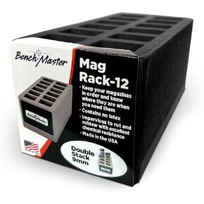 BenchMaster Double Stack 9mm Mag Rack (4" x 4" x 7.8"), Pistol Rack, Pistol Magazine Holder, Gun Parts & Accessories, Shock Absorption, Lightweight, Holds 12 Mags