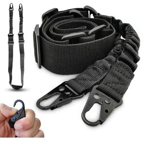 Two Points Rifle Sling with Length Adjuster Traditional Gun Sling Shoulder Strap Elastic Cord with 2 Point Metal Hooks for Outdoors, Black