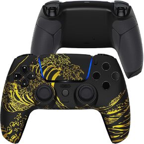 eXtremeRate Luna Redesigned The Great Golden Wave Off Kanagawa Black Front Shell Compatible with ps5 Controller BDM-010 020 030 040 050, Rubberized Bottom Shell Cover Compatible with ps5 Controller