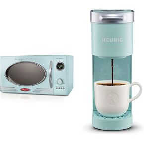 Nostalgia Retro Countertop Microwave Oven & Keurig K-Mini Coffee Maker - Aqua, 0.9 cu ft, 800-Watt, 12 Pre-Programmed Cooking Settings, Digital Clock