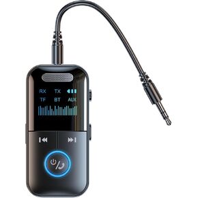 Bluetooth 5.4 Transmitter Car Adapter Wireless Bluetooth Transmitter Receiver 4-in-1 Adapter for Airplane 3.5mm Audio Aux Support Play TF Card Music HD Display of Real-time Usage Status Black