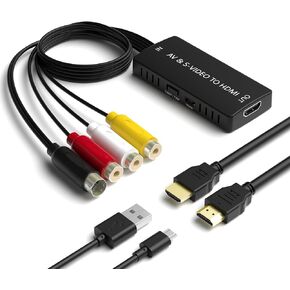 RCA/S-Video to HDMI Converter, S Video+ AV to HDMI Converter with (RCA and Svideo Integrated), Compatible for PAL/NTSC/TV/PC/PS1/PS2/ STB/Xbox/VHS/VCR/DVD