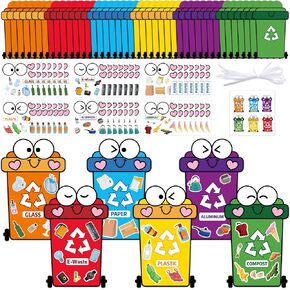 3sscha 42 Packs Creative Recycling Craft Kit for Kids - DIY Trash Can Garbage Bin Learn to Recycle Sticker Activity Environmental Education for Earth Day Art Project Classroom Home Party Supplies