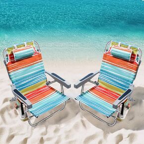 5-Position Aluminum Lay Flat Tall Beach Chair, Compact Portable Backpack Beach Chair, High Beach Chairs for Adults with Cooler Pouch, Storage Pouch, Towel Bar & Cup Holder, Multicolor Stripe