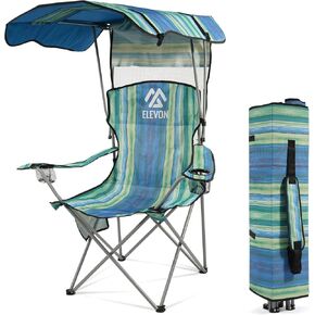 Camping Chair, Oversized Folding Chair with Canopy, Portable Outdoor Chair with Arms, Cup Holder and Carry Bag for Camping, Fishing, Beach, and Sports, Multi-Color