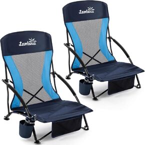 Lamberia Folding Beach Chair with Umbrella for Adults, Portable Low Beach Chairs with 300lbs Capacity, Lightweight Fodable Camping Chair for Travel, Picnic, Concert & Outdoor Activities, Navy Blue