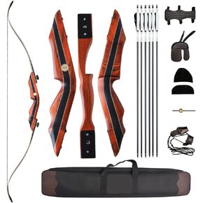 PMZ Flame Z8 Recurve Bow and Arrow Set for Youth Adult, 60" Wooden Takedown Traditional Hunting Bow Kit with 6pc Arrows for Intermediate Practice Competition (20-60lbs) RH Only
