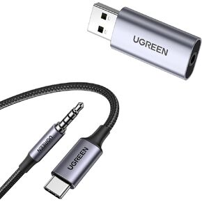 UGREEN USB to Audio Jack USB External Sound Card 3.5mm Audio Adapter 2 in 1 USB A to Aux TRRS Headphone Bundle with Aux to USB C, Type C to 3.5mm Audio Jack Cable 3.3FT