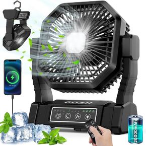 Battery Operated Fan, 20000mAh Rechargeable Camping Fan for Tent with LED Lantern - 3 Colors, 4 Speeds, 4 Timing, Adjustable Head with Hook, Portable Camping Gear for Table, BBQ, Beach, Hiking,Travel