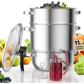 PYY Steam Juice Extractor - 11QT Fruit Vegetables Steam Juicer for Canning 3-Layer Stainless Steel with Tempered Glass Lid, Hose, Clamp Steamer Juicer for Making Juice, Jelly, Syrup