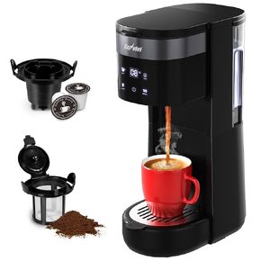 3-in-1 Single Serve Coffee Machine,Brewer for K-Cup Pods, Ground Coffee, and Teas, 30oz Removable Water Reservoir, Brew Sizes 8 to 14oz, 2 Cup Trays, Self-Cleaning Function - Black