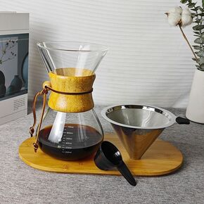 Pour Over Coffee Maker, With Wood Sleeve, Capacity 27.05oz(800ml), Borosilicate Glass with Stainless Steel Coffee Dripper and a Plastic Coffee Scoop