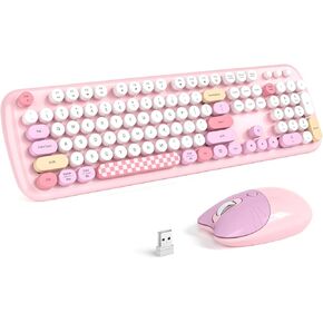 Wireless Keyboard and Mouse, SQMD Colorful Typewriter Retro Keyboard with Round Keycaps, 2.4GHz USB Full-Size Keyboard and Mouse Set for Mac PC Desktop Laptop (Purple Colorful)