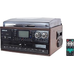 3 Speed Vinyl Record Player with Dual CD Players with CD Recorder Burner, Radio, Tape, Bluetooth, USB, SD, MP3 Recorder, Aux in, Headphone Jack
