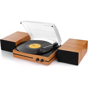 Retro Vinyl Record Player Bluetooth Desktop Phonograph Belt-Drive Turntable with External Speakers,Dual Stereo Speakers LP Players AUX Headphone Input RCA Out, 3 Speeds 3 Sizes Wood Orange